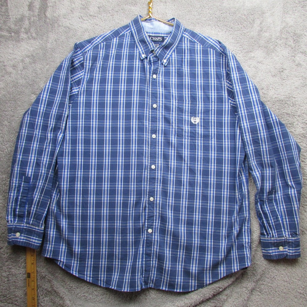 Chaps Shirt Mens XL Blue Plaid Long Sleeve‎ Stretch Button Down Casual Top